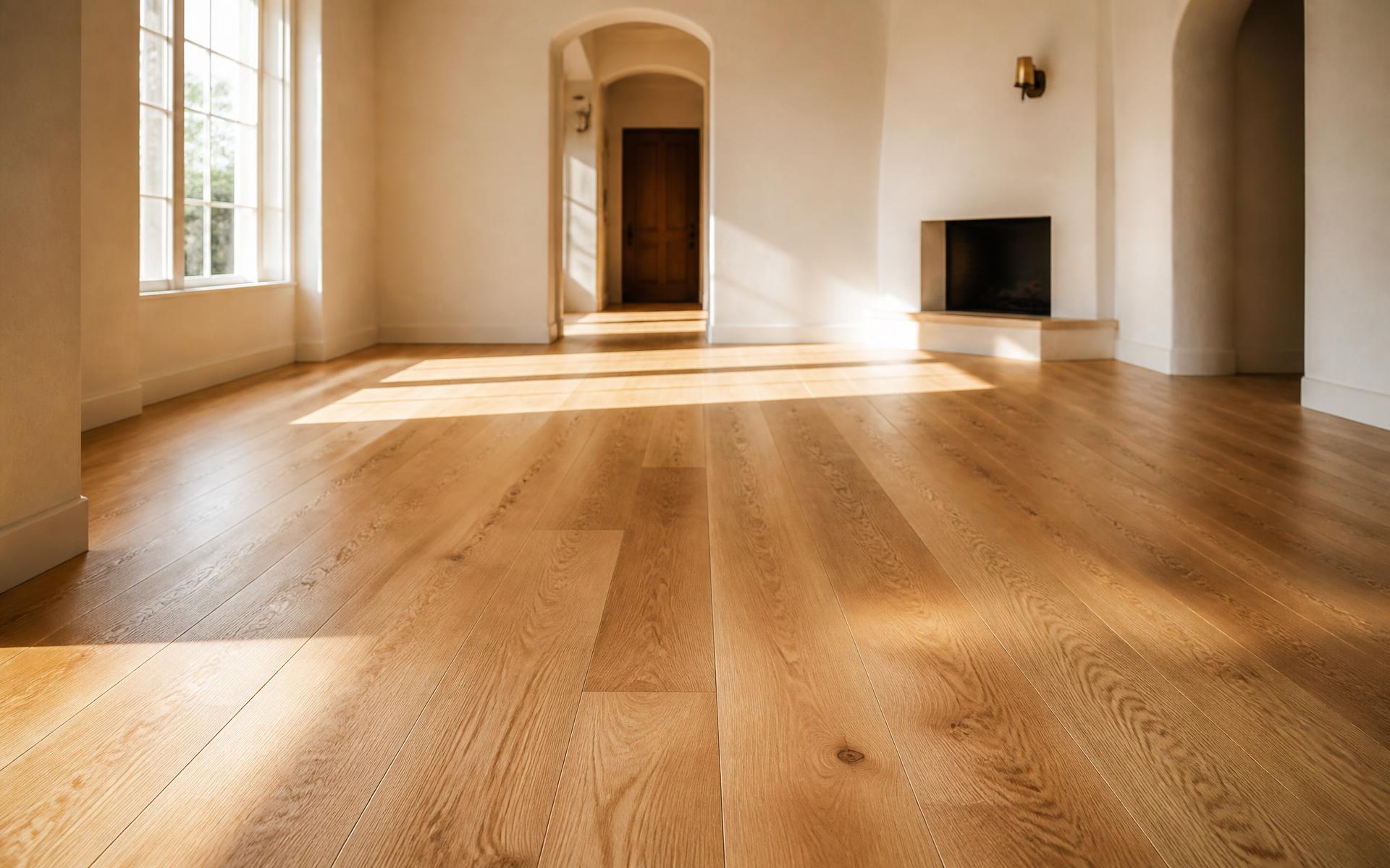 Sunlit white oak hardwood floor refinished by Avox Craftworks in a Western North Carolina home